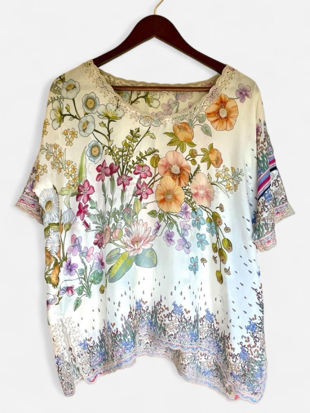 Johnny Was Cream Floral Scoop Neck Blouse with Pastel Floral Print